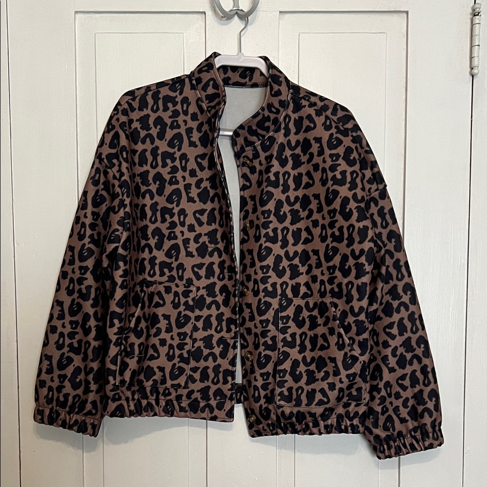 Leopard Print Bomber Jacket - Brown/Black